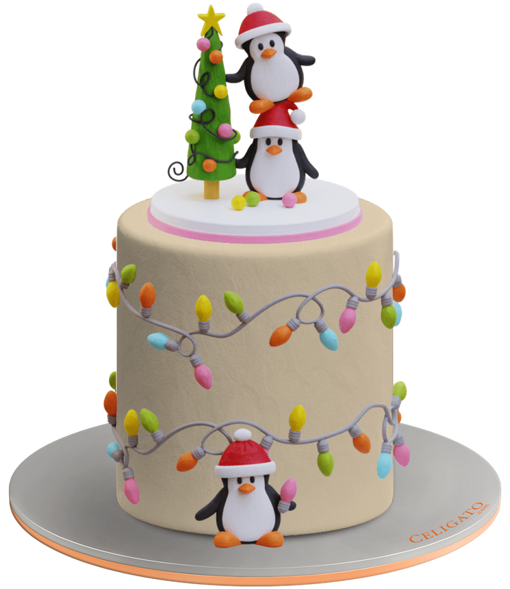 Festive Penguins cake on transparent background