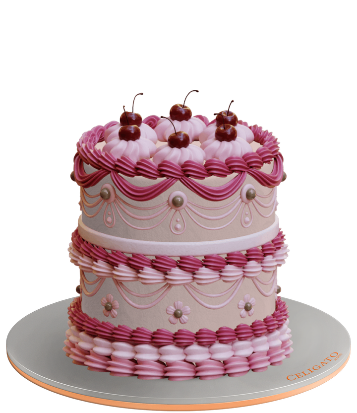 Cherry Retro Vintage Piping Round Cake on transparent background