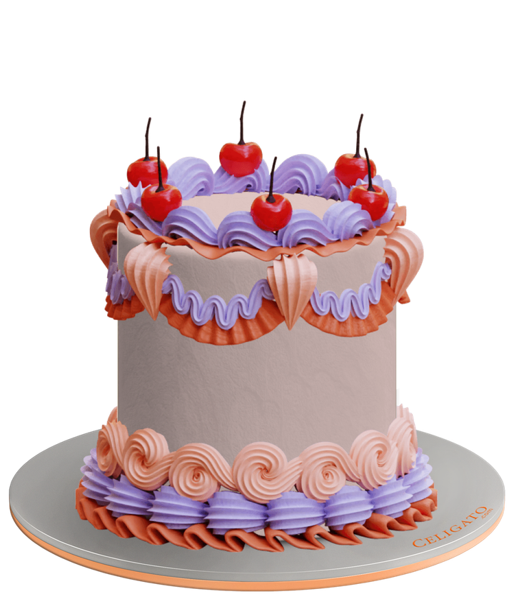 Cherry On Top Purple Orange Vintage Piping Round Cake on transparent background