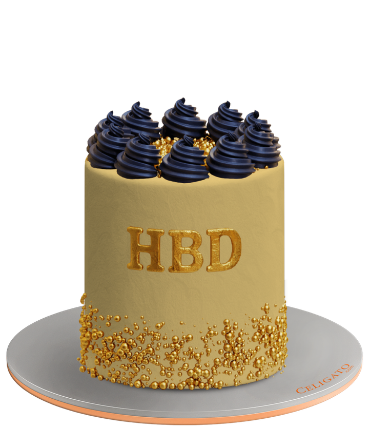 Golden Birthday cake on transparent background