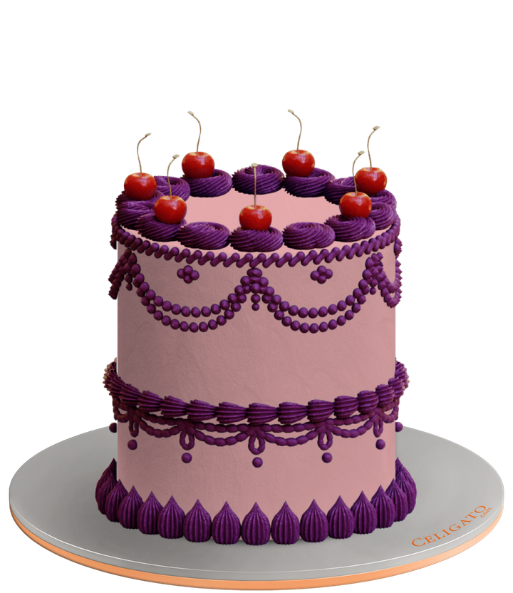 Retro Cherries Vintage Piping Round Cake on transparent background