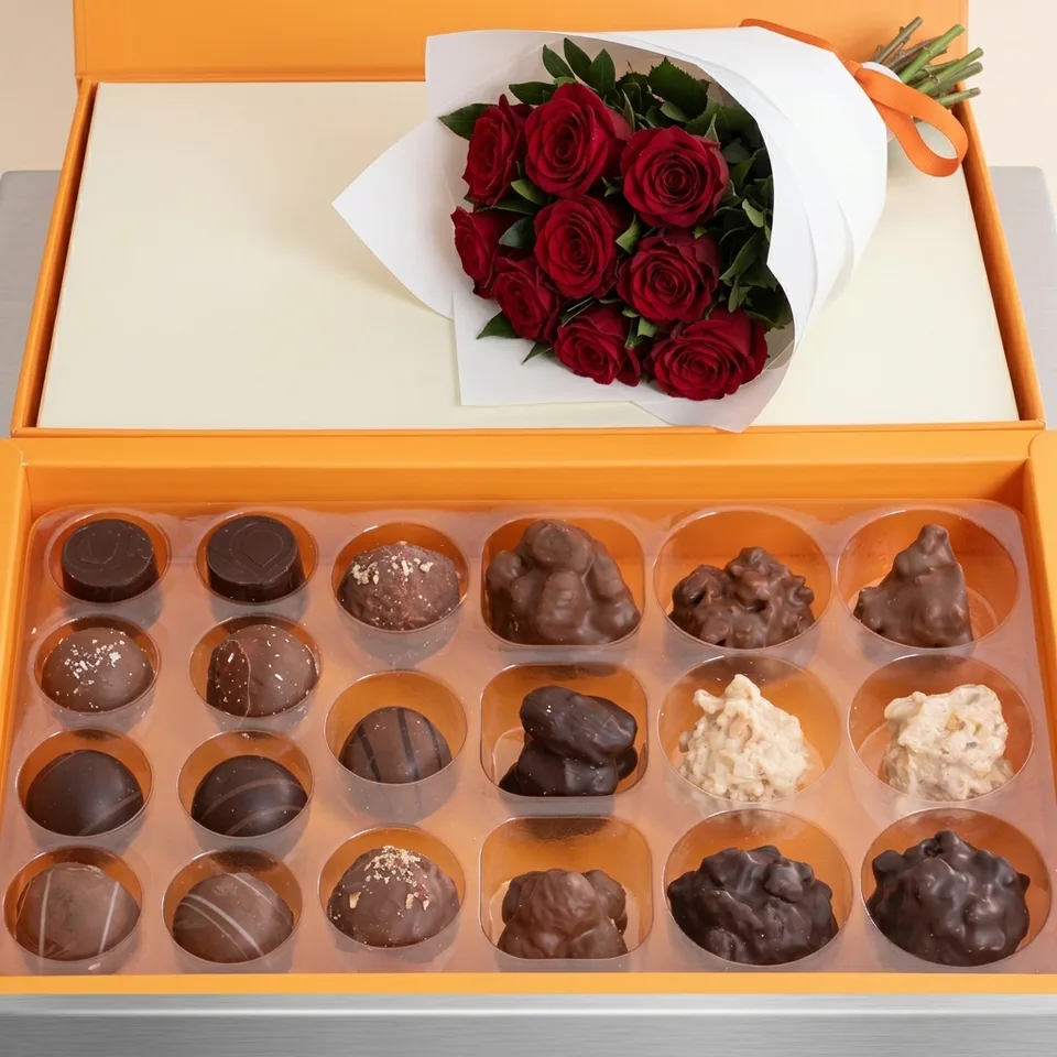 باتشي لي غورميه ٢٠ قطعة مع باقة ورود حمراء