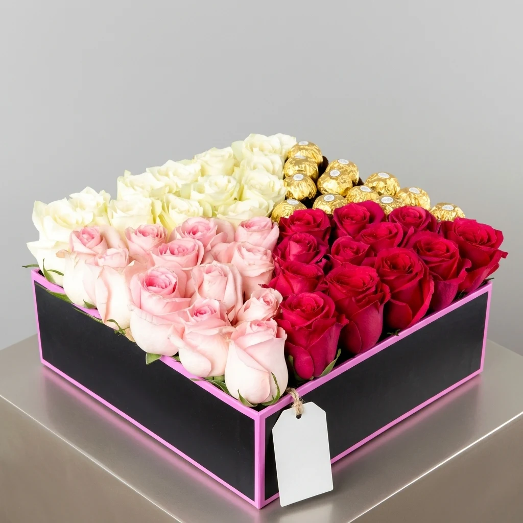 صندوق من الورود الوردية والحمراء والبيضاء مع شوكولاتة فيريرو روشيه